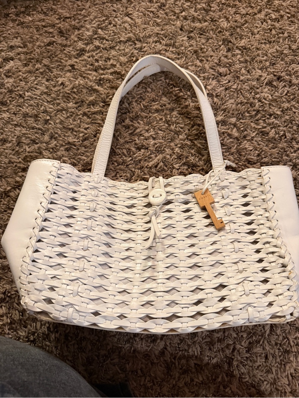 Vintage Fossil Ivory Woven Leather Tote Bag with Key Charm